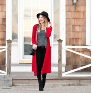 LuLaRoe Sarah Long Cardigan Sweater Red Orange Ribbed Size XL